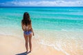 Young woman in a swimsuit standing on the beach and looking at t Royalty Free Stock Photo