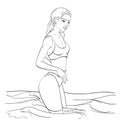 A young woman in a swimsuit standing in the water with wet hair. Rest, outside, sea, waves. Hand drawing, sketch, outline. Royalty Free Stock Photo
