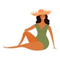 Young woman in swimsuit, sun hat cute cartoon character illustration. Royalty Free Stock Photo