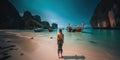 Young woman in swimsuit walking on the beach in Thailand.