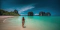 Young woman in swimsuit walking on the beach in Thailand.