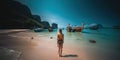 Young woman in swimsuit walking on the beach in Thailand.