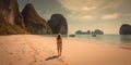 Young woman in swimsuit walking on the beach in Thailand.