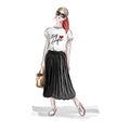 Young Woman in t-shirt and black sirt. fashion illustration sketch of female in modern fashionable outfit and sunglasses Royalty Free Stock Photo