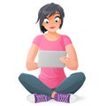 Young woman with tablet computer. Vector illustration.