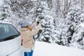 Young woman takes photo of snow-covered winter forest. Royalty Free Stock Photo