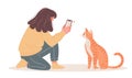 Young woman takes a picture of her red cat. Flat illustration for animal shelter. White background