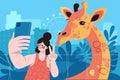 Young woman takes selfie with giraffe in city zoo on her holiday travel. flat style vector illustration. Royalty Free Stock Photo