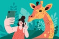 Young woman takes selfie with giraffe in forest jungle on her holiday travel. flat style vector illustration. Royalty Free Stock Photo