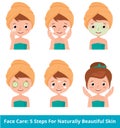 Young woman taking care of her face skin in 5 beauty steps