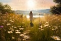 Young woman taking leisurely stroll through sun-dappled meadow. Generative AI