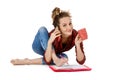 Young woman at work sitting in a yoga pose over white Royalty Free Stock Photo