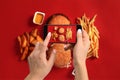 A young woman taking photo of food on smartphone, photographing meal with mobile camera Royalty Free Stock Photo