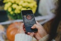 Young woman taking photo of pumpkins and autumn flowers. Girl photographing on phone rustic halloween street decor, hands close up Royalty Free Stock Photo