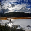 young woman taking photos of red polluted lake in Romania, Alba, Geamana Royalty Free Stock Photo