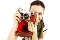 Young woman taking a picture with an old camera Royalty Free Stock Photo