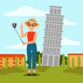 Young woman taking selfie in front of Leaning Tower of Pisa. Vacation in Italy. Colorful flat vector natural landscape Royalty Free Stock Photo