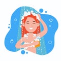 Young woman taking shower in bathroom. Washes head, hair and body with shampoo and soap. Flat cartoon vector illustration Royalty Free Stock Photo