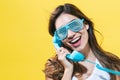 Young woman talking on old fashion phone Royalty Free Stock Photo