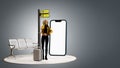 A young woman talking on the phone inside the airport with a big smartphone. 3d illustration