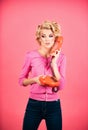 Young Woman Talking By Retro Telephone. Woman With Vintage Telephone Receiver. Girl With Retro Telephone Headset