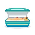 Young woman tanning in solarium. Vector flat cartoon Royalty Free Stock Photo