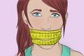 Young woman with tape measure covering her mouth and not letting her eat. Anorexia concept. Illustration