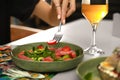 Young woman with tasty salad and glass of beer at table Royalty Free Stock Photo