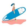 A young woman with tattoo carring sup board. Surf woman.