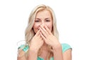 Young woman or teenage girl closing her nose Royalty Free Stock Photo