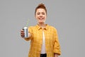 Young woman or teenage girl drinking soda from can Royalty Free Stock Photo