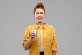 Young woman or teenage girl drinking soda from can Royalty Free Stock Photo