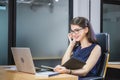 Young woman telephone operator with headset, Customer service executive working at office