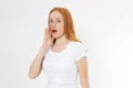 Young woman telling something, red head girl telling a secret. Portrait young happy woman who is calling to someone. Funny girl