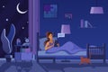 Woman texting at night flat vector illustration