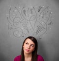 Young woman thinking with arrows over her head