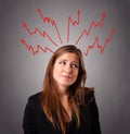 Young woman thinking with arrows overhead