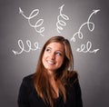 Young woman thinking with arrows overhead