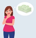 Young woman thinking cash / money / currency / banknotes appearing in the thought bubble or speech blurb.