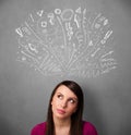 Young woman thinking with sketched arrows above her head