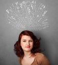 Young woman thinking with sketched arrows above her head Royalty Free Stock Photo