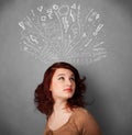 Young woman thinking with sketched arrows above her head