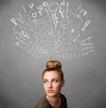 Young woman thinking with sketched arrows above her head Royalty Free Stock Photo