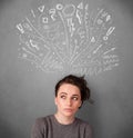 Young woman thinking with sketched arrows above her head