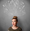 Young woman thinking with sketched arrows above her head Royalty Free Stock Photo