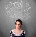 Young woman thinking with sketched arrows above her head Royalty Free Stock Photo