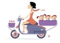 Young woman and three babies ride on the scooter