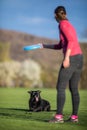 Young woman throwing freisbee to her black dog outdoors Royalty Free Stock Photo