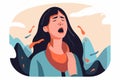 A young woman with thyroid problems, suffering from hyperthyroidism. Vector illustration for healthcare concept