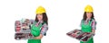 Young woman with toolkit on white Royalty Free Stock Photo